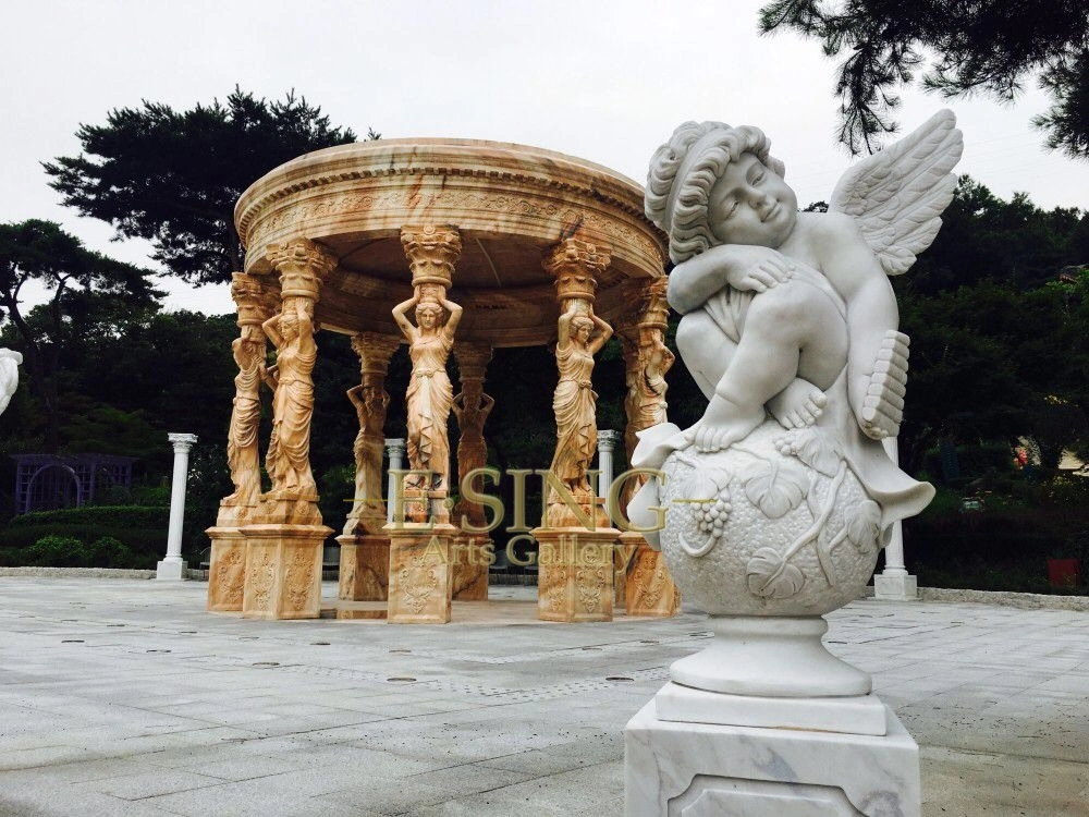 Large Sculpture Column Natural Stone Granite or Marble Gazebo with Iron Roof for Sale