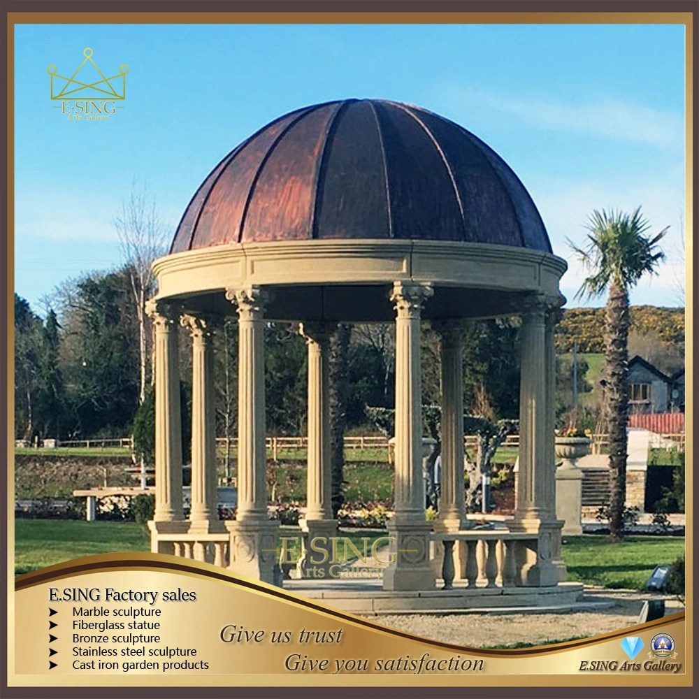 Hot Sale Rusty Yellow Granite Roman Column Gazebo Outdoor Granite Stone Gazebo with Metal Roof Garden Decoration Outdoor Gazebo