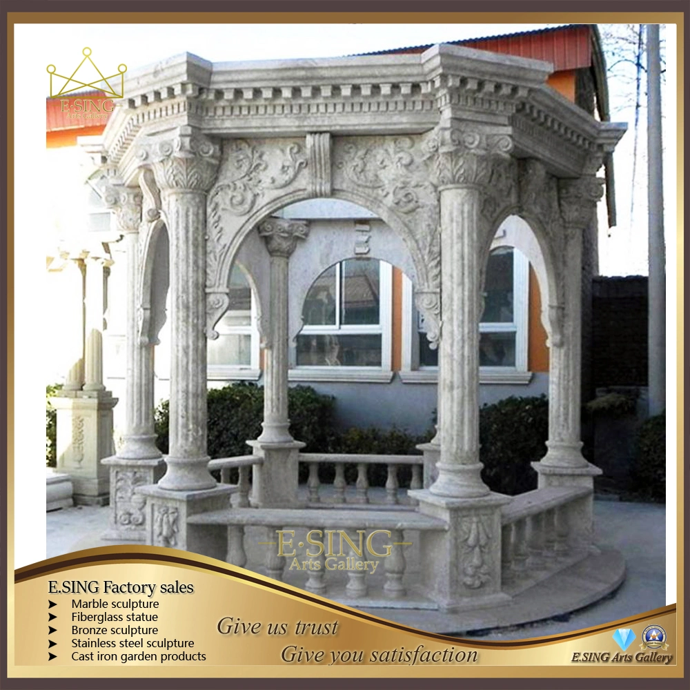 Hot Sale Rusty Yellow Granite Roman Column Gazebo Outdoor Granite Stone Gazebo with Metal Roof Garden Decoration Outdoor Gazebo