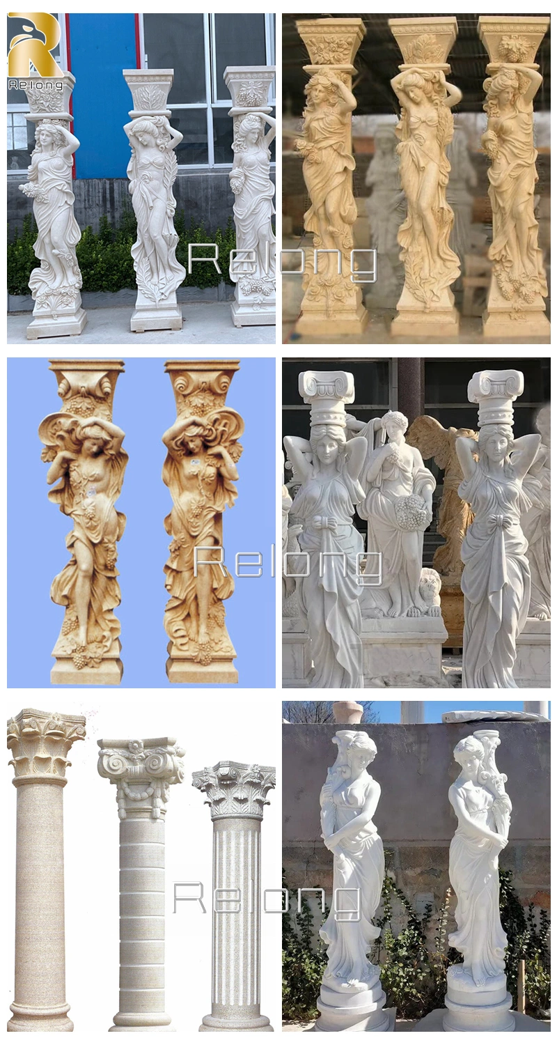 Outdoor Indoor Decorative Architectural Building Pillar Hand Craved Natural Marble Stone Greek Column with Greek Man Statue