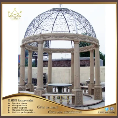 Vente chaude Gazebo de colonne romaine de granit jaune rouillé Gazebo extérieur en pierre de granit avec toit en métal Décoration de jardin Gazebo extérieur